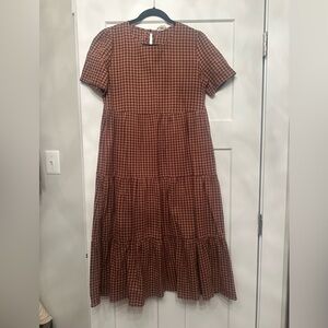 Orange Creek Brown Gingham Tiered Dress, size medium